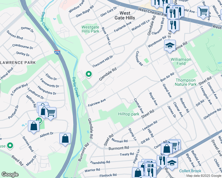 map of restaurants, bars, coffee shops, grocery stores, and more near 18 Jack's Way in Havertown