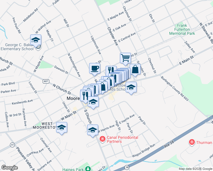 map of restaurants, bars, coffee shops, grocery stores, and more near 21 East Main Street in Moorestown