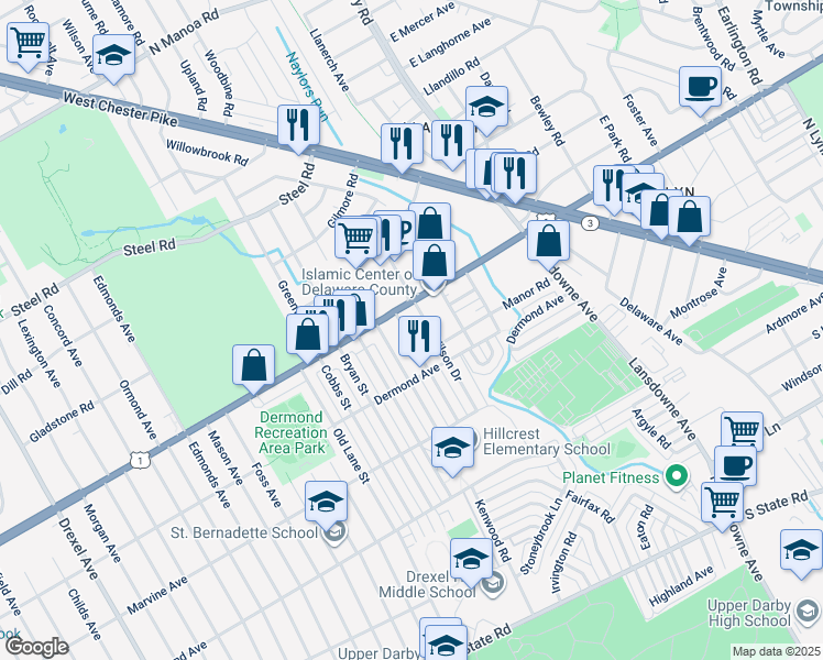 map of restaurants, bars, coffee shops, grocery stores, and more near 1237 Roosevelt Drive in Havertown