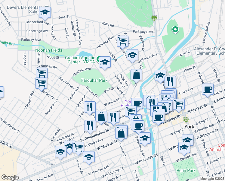 map of restaurants, bars, coffee shops, grocery stores, and more near 331 Garfield Street in York
