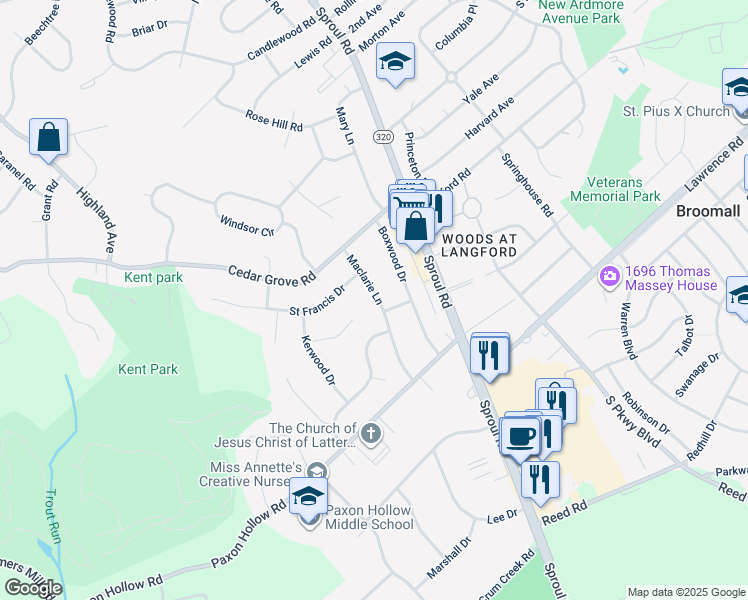 map of restaurants, bars, coffee shops, grocery stores, and more near 2132 Maclarie Lane in Broomall
