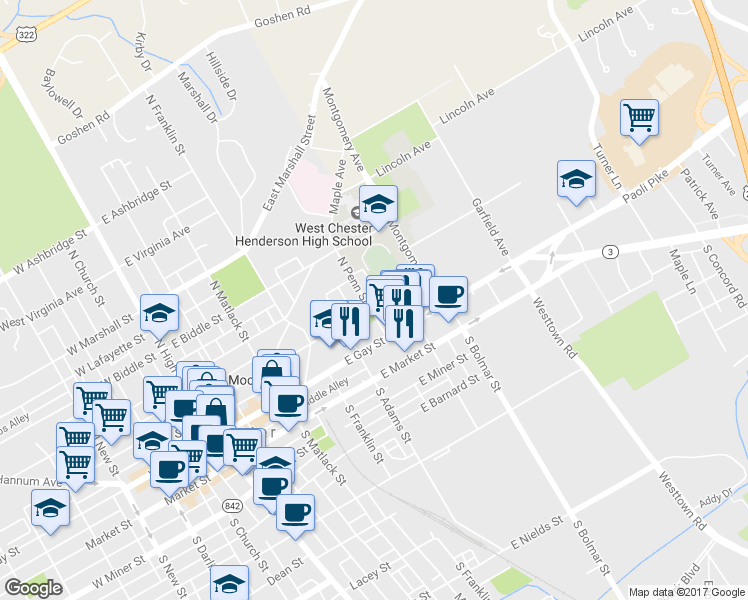 map of restaurants, bars, coffee shops, grocery stores, and more near 205 North Penn Street in West Chester