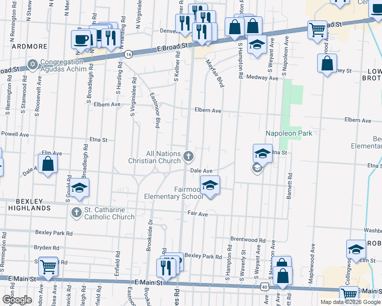 map of restaurants, bars, coffee shops, grocery stores, and more near 350 South James Road in Columbus