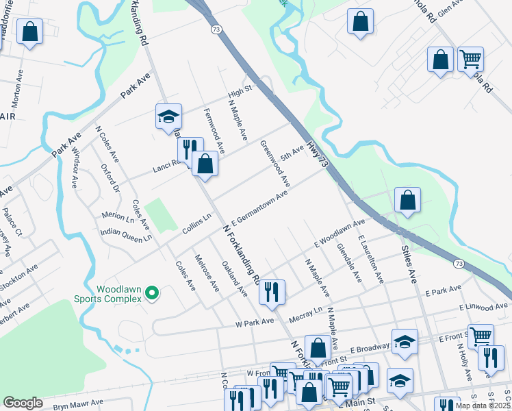 map of restaurants, bars, coffee shops, grocery stores, and more near 47 East Germantown Avenue in Maple Shade
