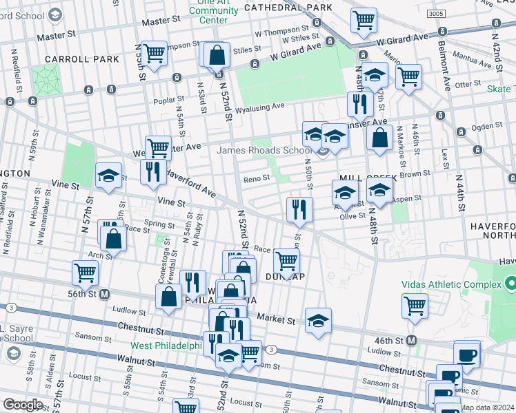 map of restaurants, bars, coffee shops, grocery stores, and more near 5149 Folsom Street in Philadelphia
