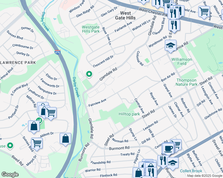 map of restaurants, bars, coffee shops, grocery stores, and more near 18 Jack's Way in Havertown