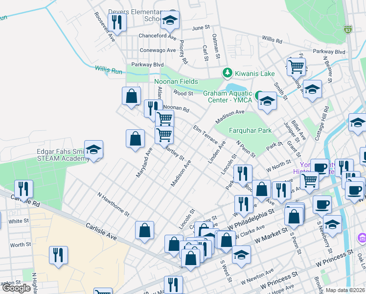 map of restaurants, bars, coffee shops, grocery stores, and more near 485 Madison Avenue in York