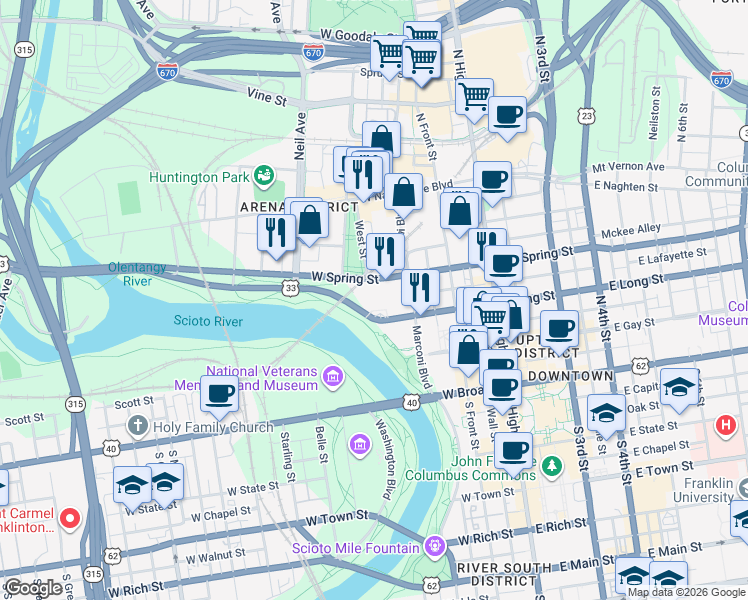 map of restaurants, bars, coffee shops, grocery stores, and more near 1 Riverside Plaza in Columbus