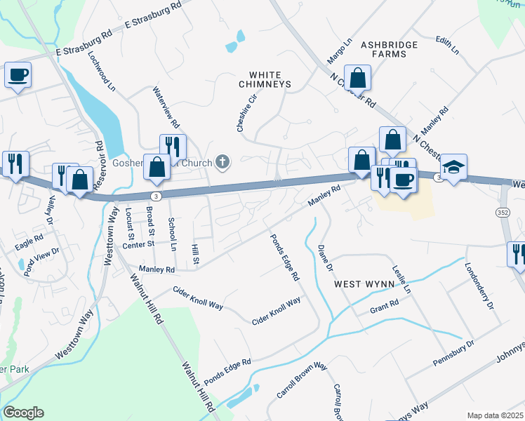 map of restaurants, bars, coffee shops, grocery stores, and more near 608 Summit House in West Chester