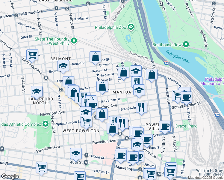 map of restaurants, bars, coffee shops, grocery stores, and more near 3804 Melon Street in Philadelphia