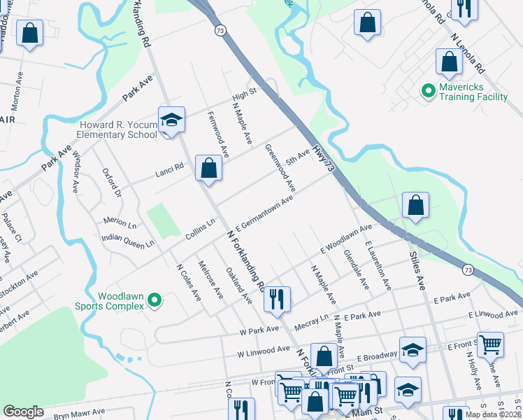 map of restaurants, bars, coffee shops, grocery stores, and more near 47 East Germantown Avenue in Maple Shade