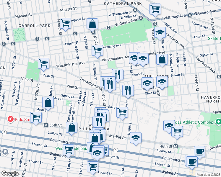 map of restaurants, bars, coffee shops, grocery stores, and more near 5149 Folsom Street in Philadelphia