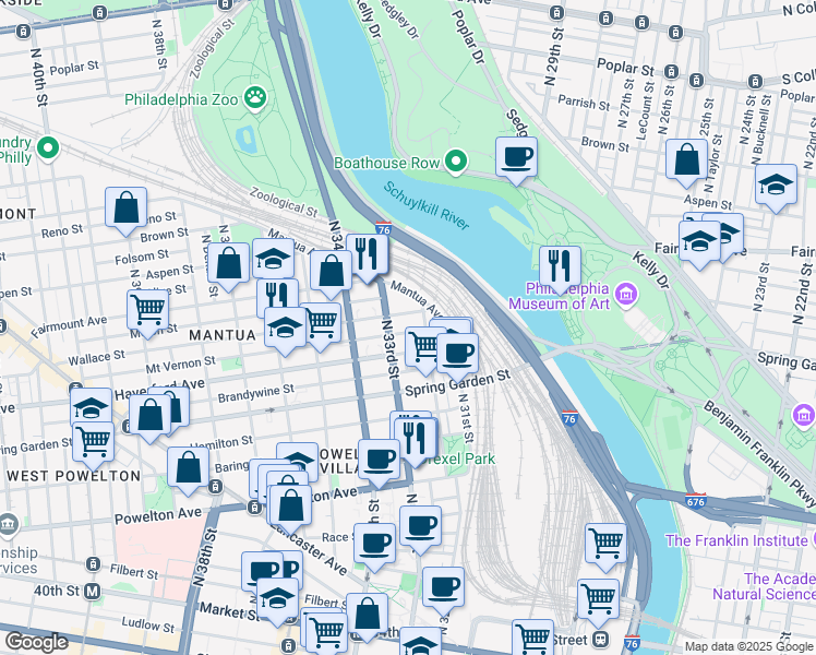 map of restaurants, bars, coffee shops, grocery stores, and more near 3219 Mount Vernon Street in Philadelphia