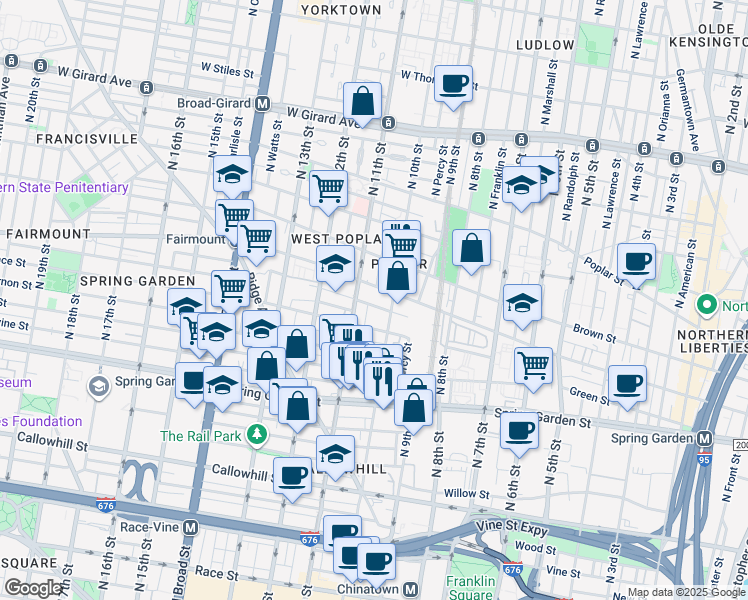 map of restaurants, bars, coffee shops, grocery stores, and more near 1019 Melon Street in Philadelphia