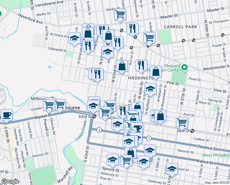 map of restaurants, bars, coffee shops, grocery stores, and more near 150 North Robinson Street in Philadelphia