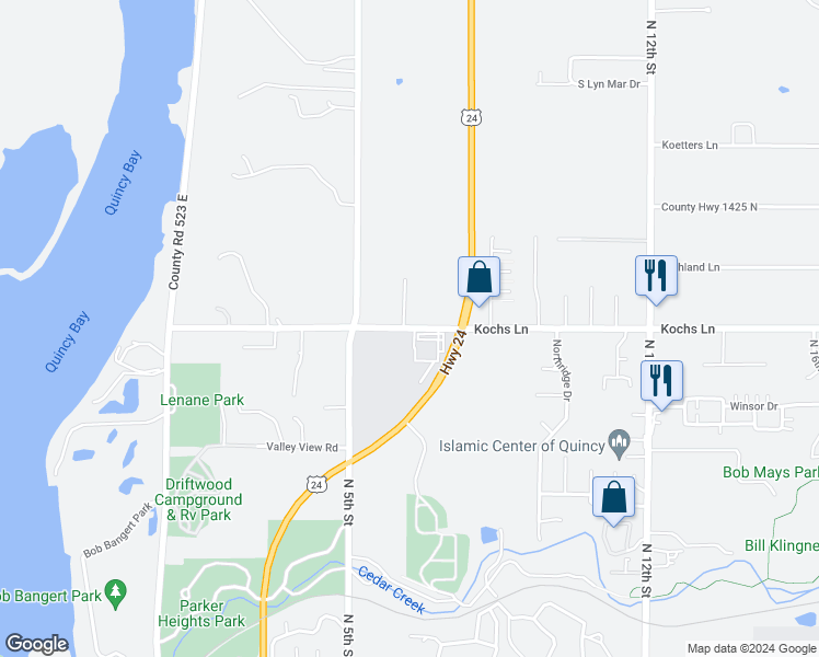 map of restaurants, bars, coffee shops, grocery stores, and more near 644 County Road 1400 North in Quincy