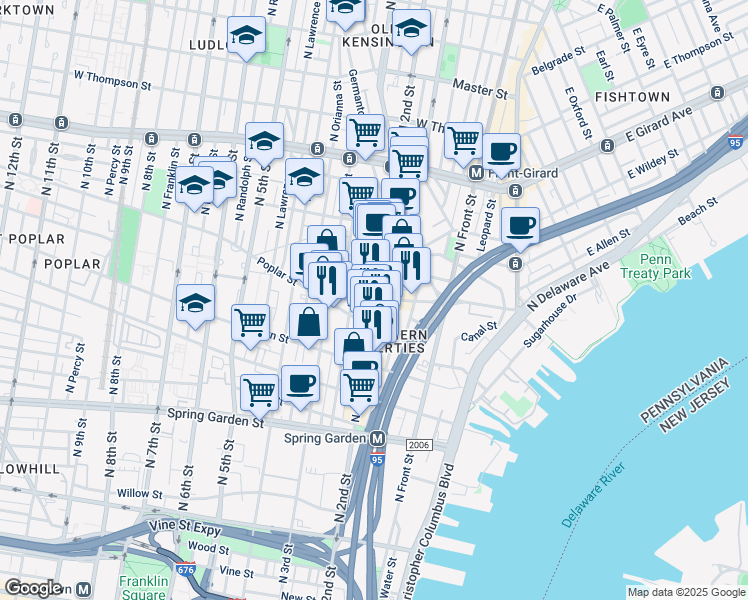map of restaurants, bars, coffee shops, grocery stores, and more near 208 West Laurel Street in Philadelphia