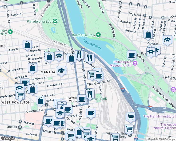 map of restaurants, bars, coffee shops, grocery stores, and more near 3219 Mount Vernon Street in Philadelphia
