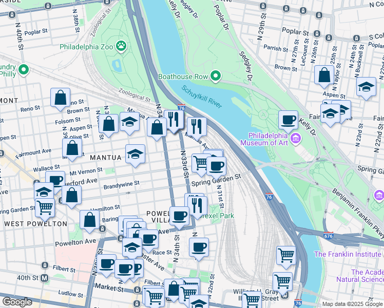 map of restaurants, bars, coffee shops, grocery stores, and more near 3221 Mount Vernon Street in Philadelphia