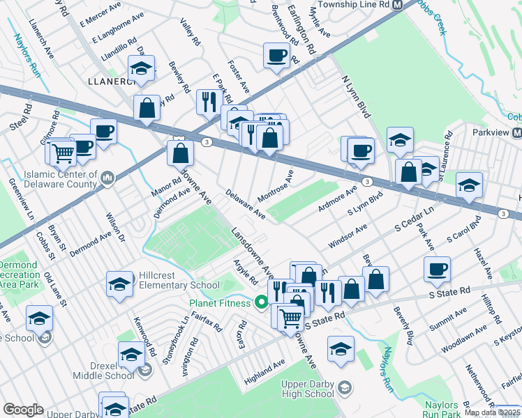 map of restaurants, bars, coffee shops, grocery stores, and more near 8323 Delaware Avenue in Upper Darby