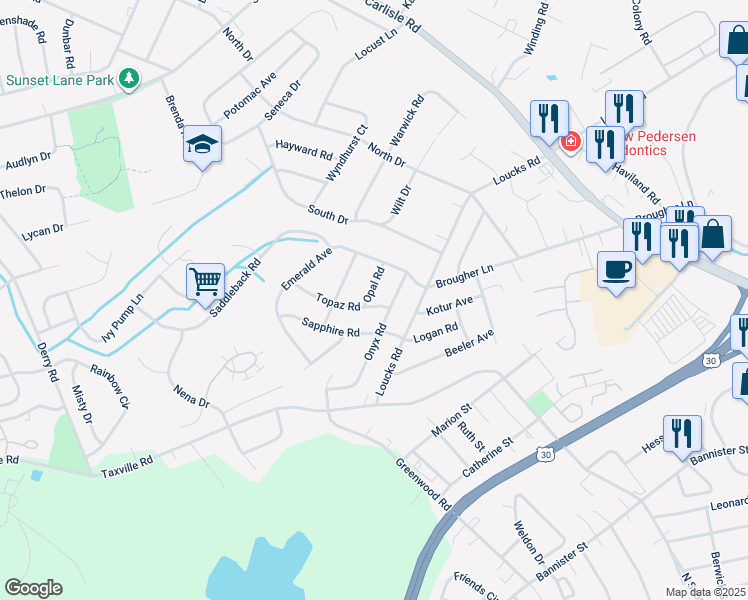 map of restaurants, bars, coffee shops, grocery stores, and more near 2418 Opal Road in York