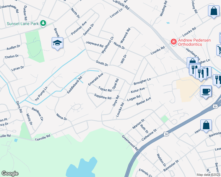 map of restaurants, bars, coffee shops, grocery stores, and more near 1711 Topaz Road in York