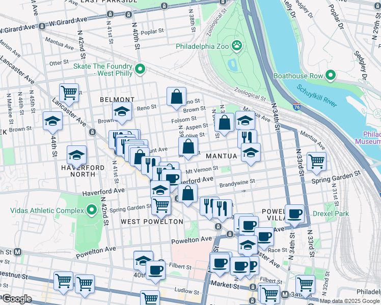 map of restaurants, bars, coffee shops, grocery stores, and more near 3869 Melon Street in Philadelphia