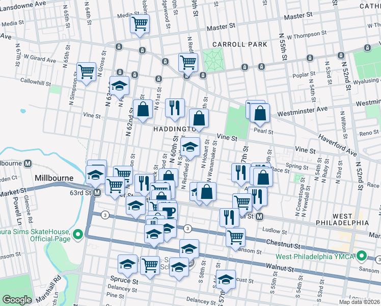 map of restaurants, bars, coffee shops, grocery stores, and more near 5900 Race Street in Philadelphia