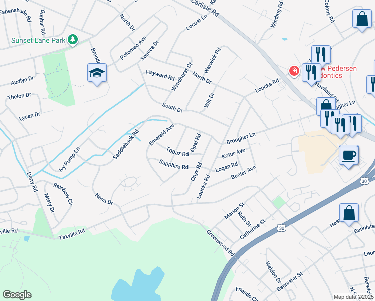 map of restaurants, bars, coffee shops, grocery stores, and more near 1711 Topaz Road in York