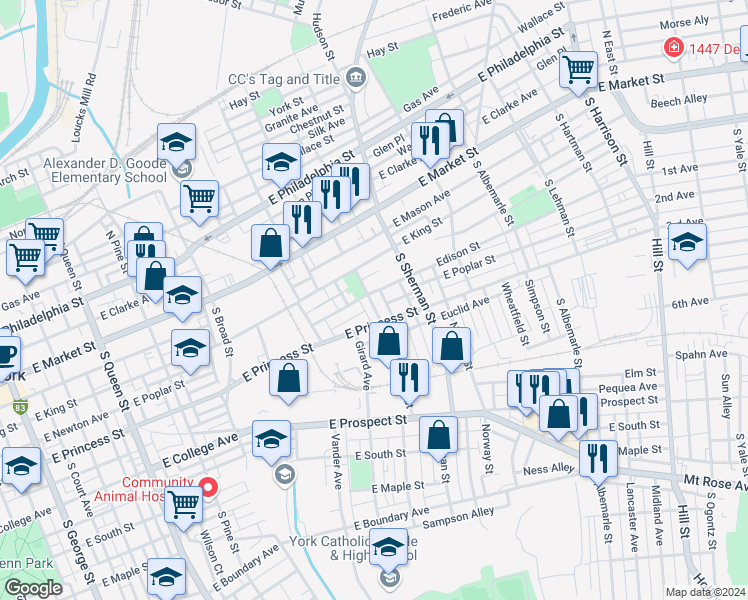 map of restaurants, bars, coffee shops, grocery stores, and more near 205 Pattison Street in York