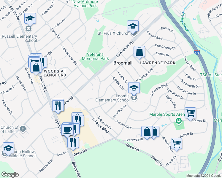 map of restaurants, bars, coffee shops, grocery stores, and more near 216 Talbot Drive in Broomall