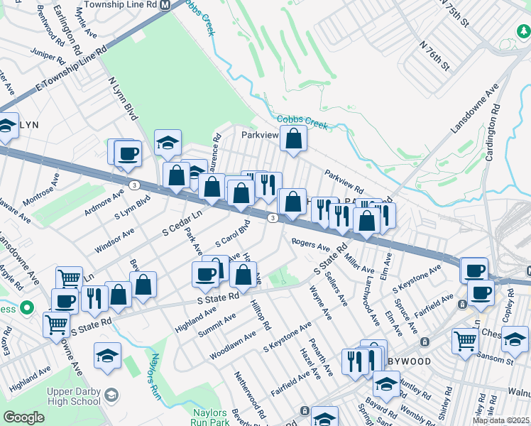 map of restaurants, bars, coffee shops, grocery stores, and more near West Chester Pike in Upper Darby