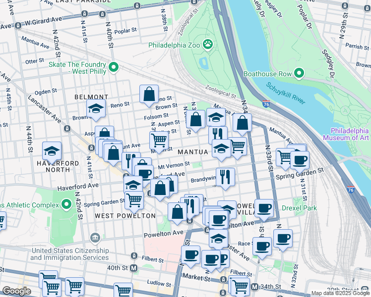 map of restaurants, bars, coffee shops, grocery stores, and more near 3738 Melon Street in Philadelphia