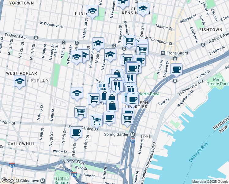 map of restaurants, bars, coffee shops, grocery stores, and more near 310 Poplar Street in Philadelphia