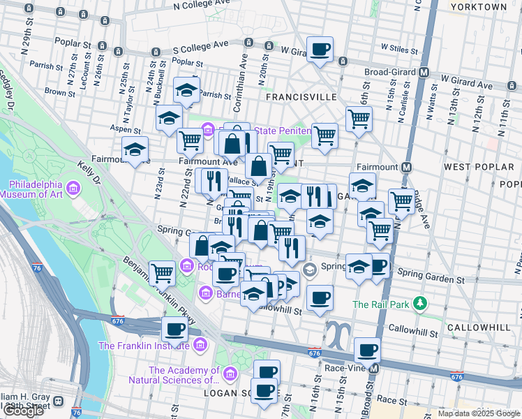 map of restaurants, bars, coffee shops, grocery stores, and more near 1903-05 Green Street in Philadelphia