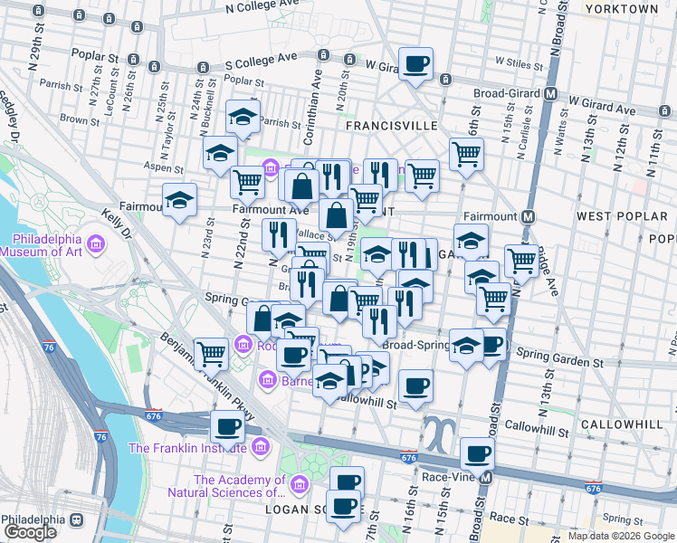 map of restaurants, bars, coffee shops, grocery stores, and more near in Philadelphia