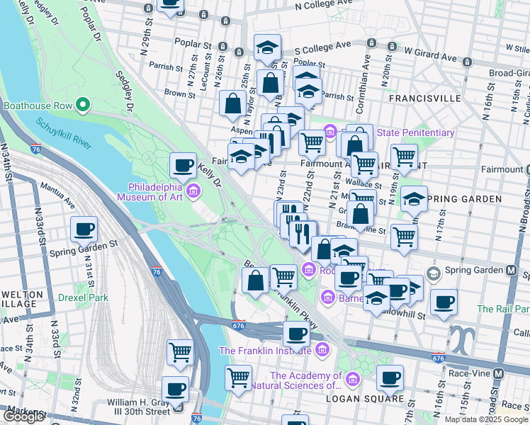 map of restaurants, bars, coffee shops, grocery stores, and more near 558 North Judson Street in Philadelphia