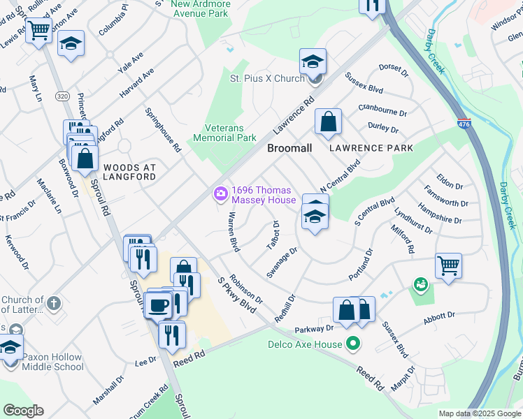 map of restaurants, bars, coffee shops, grocery stores, and more near 216 Talbot Drive in Broomall