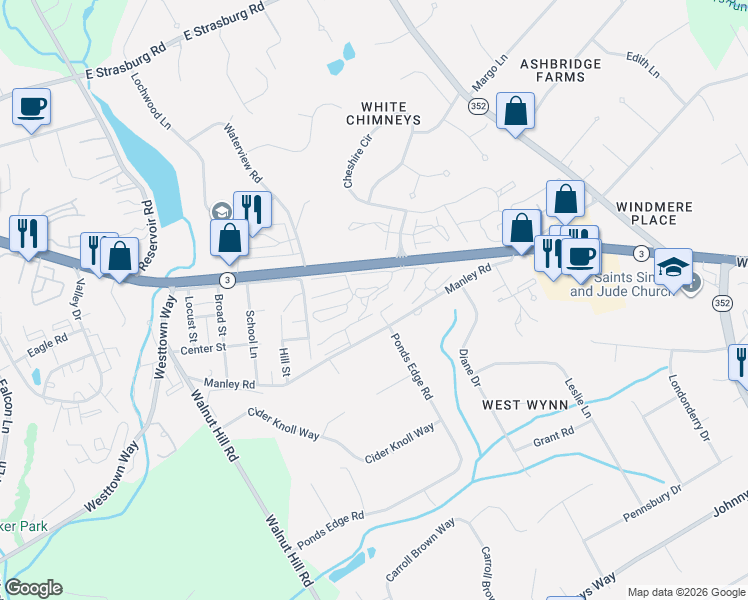 map of restaurants, bars, coffee shops, grocery stores, and more near 501 Summit House in West Chester