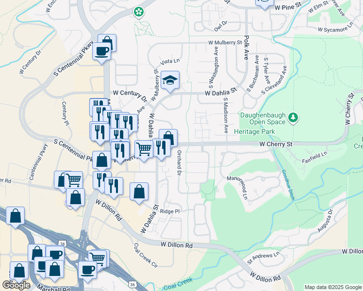 map of restaurants, bars, coffee shops, grocery stores, and more near 1900 West Cherry Street in Louisville