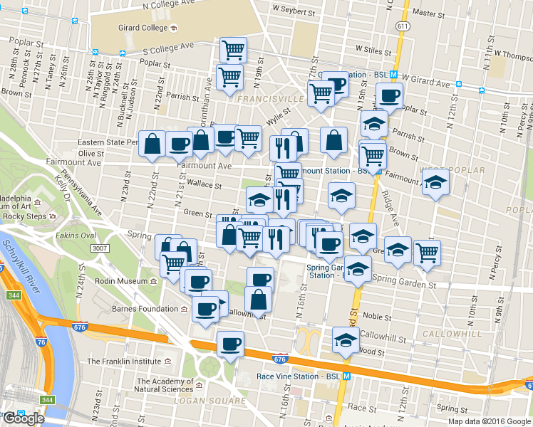 map of restaurants, bars, coffee shops, grocery stores, and more near 1736 Mount Vernon Street in Philadelphia