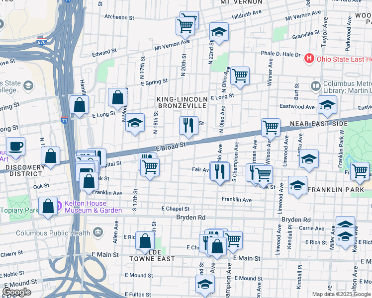 map of restaurants, bars, coffee shops, grocery stores, and more near 1031 East Broad Street in Columbus