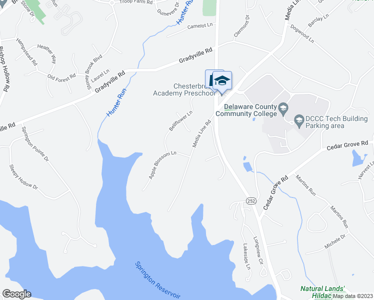 map of restaurants, bars, coffee shops, grocery stores, and more near 15 Apple Blossom Lane in Newtown Square