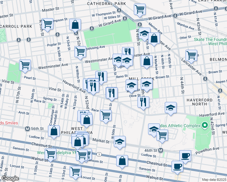 map of restaurants, bars, coffee shops, grocery stores, and more near 447 Farson Street in Philadelphia