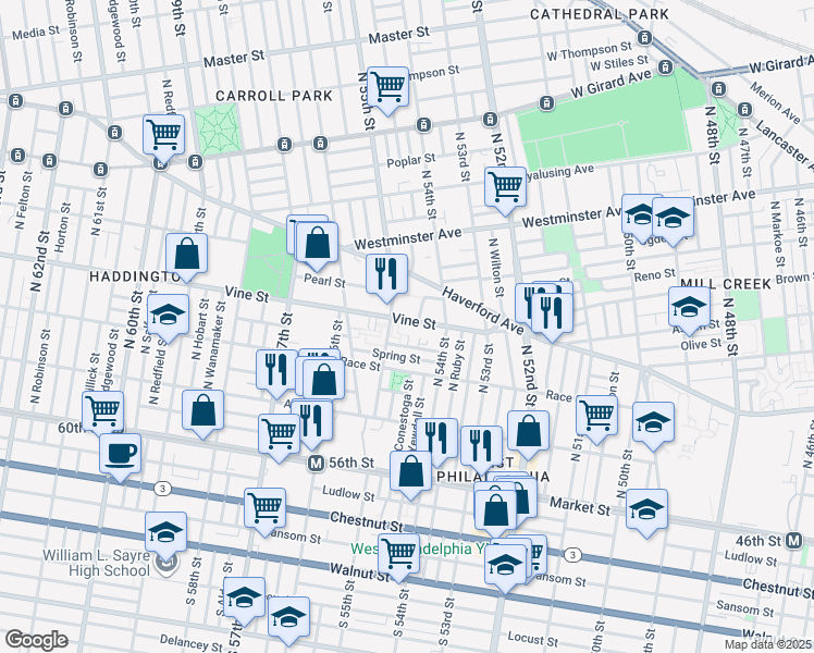 map of restaurants, bars, coffee shops, grocery stores, and more near 5458 Summer Street in Philadelphia