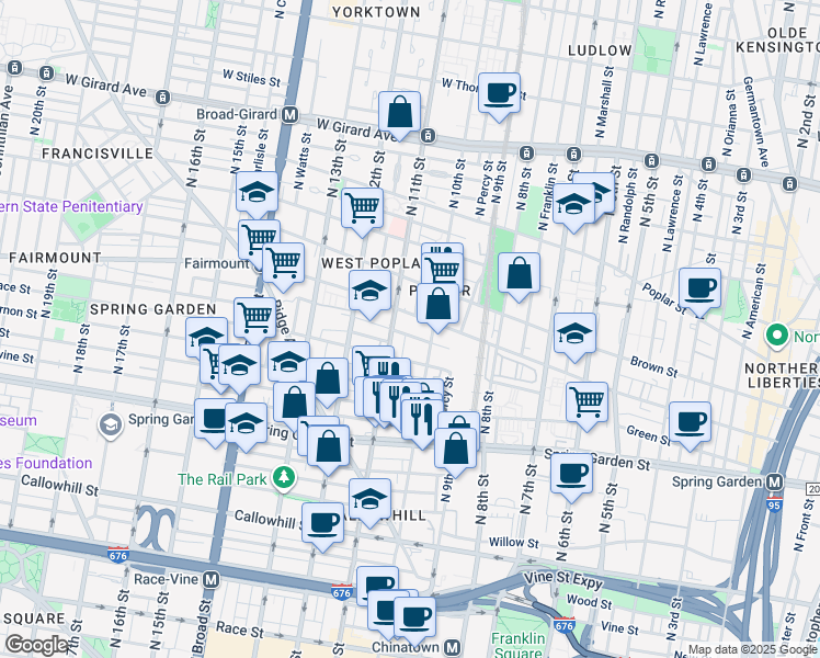 map of restaurants, bars, coffee shops, grocery stores, and more near 1021 Melon Street in Philadelphia