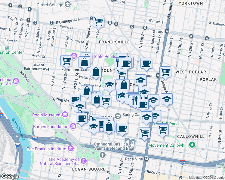 map of restaurants, bars, coffee shops, grocery stores, and more near 1736 Mount Vernon Street in Philadelphia