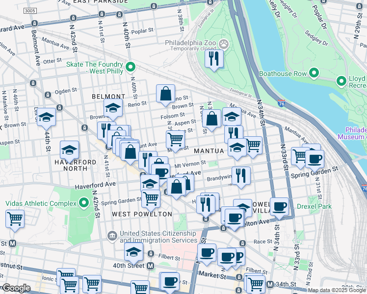 map of restaurants, bars, coffee shops, grocery stores, and more near 3851 Melon Street in Philadelphia
