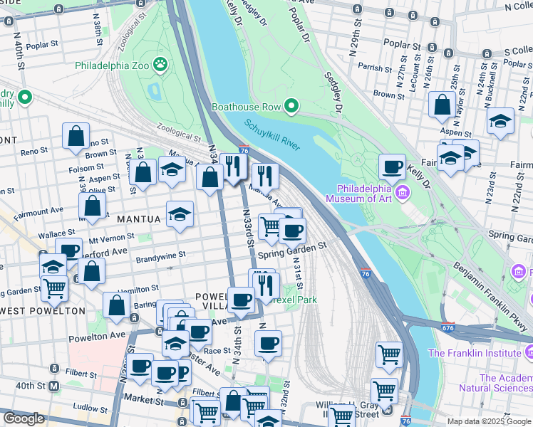 map of restaurants, bars, coffee shops, grocery stores, and more near 622 North 32nd Street in Philadelphia