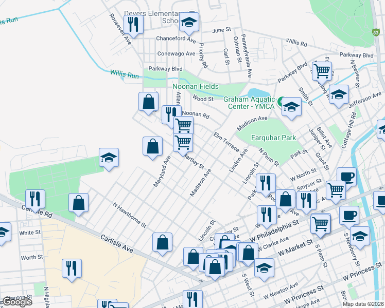 map of restaurants, bars, coffee shops, grocery stores, and more near 505 Pennsylvania Avenue in York